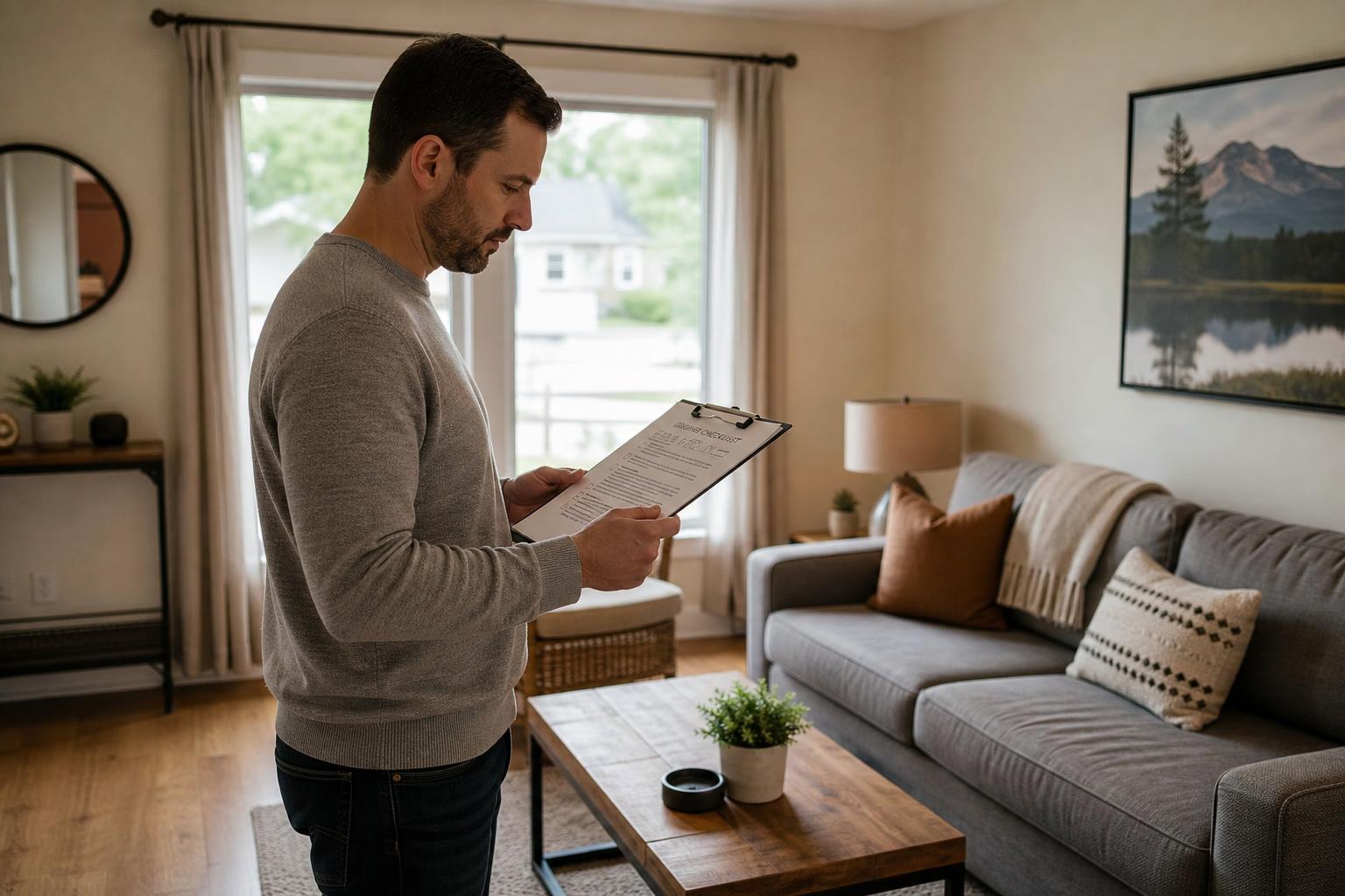 Marco reviewing a turnover checklist inside an Airbnb living room